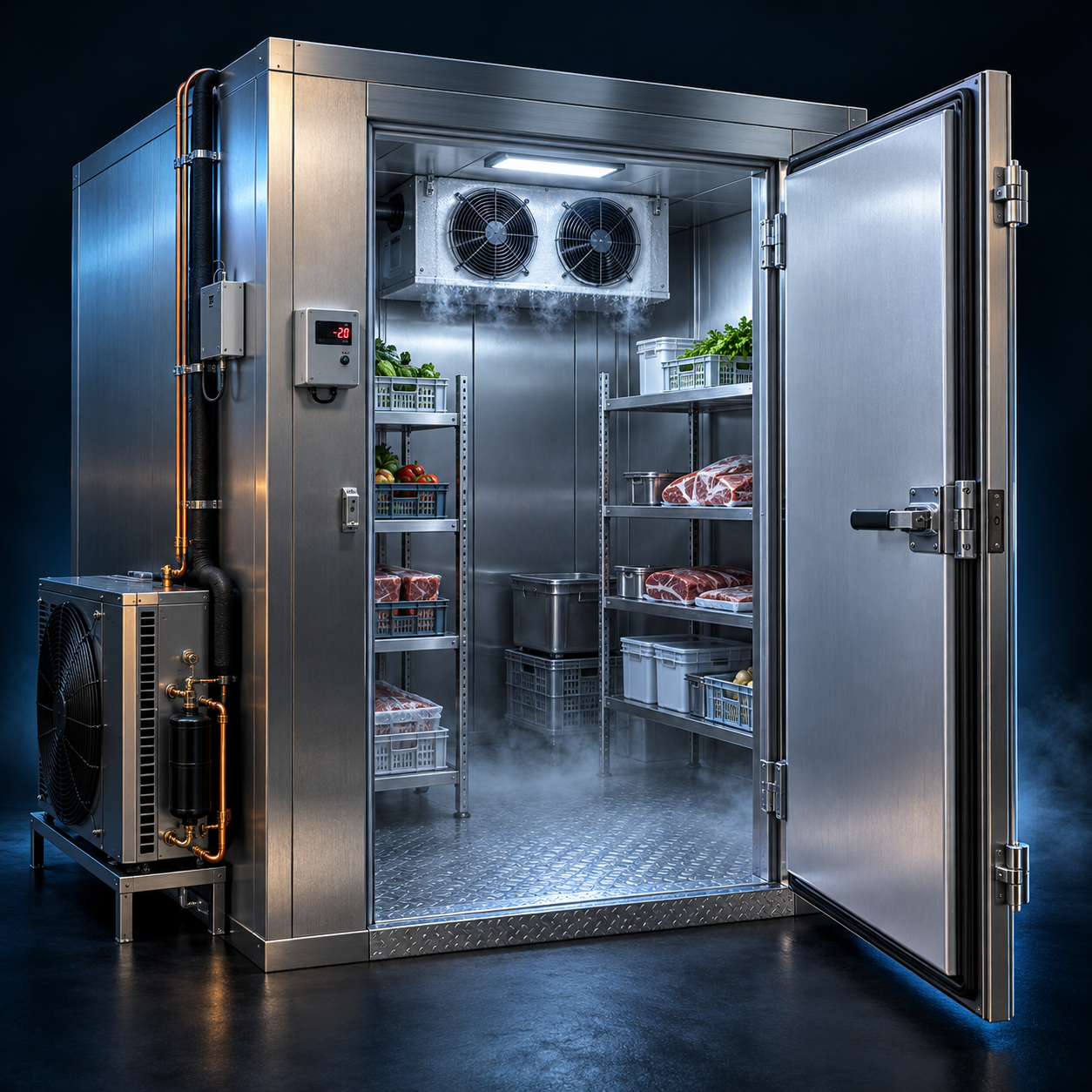 Visualización de cuarto frío comercial con evaporador, estantes, tuberías de cobre y puerta aislante